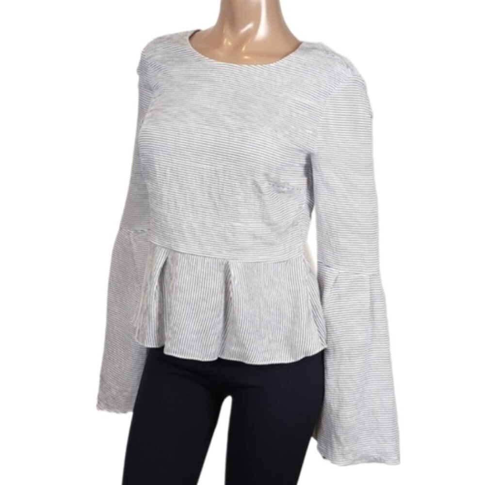 Design Lab Striped Bell Sleeve Top Pleated Peplum Ribbon Tie Keyhole Flare